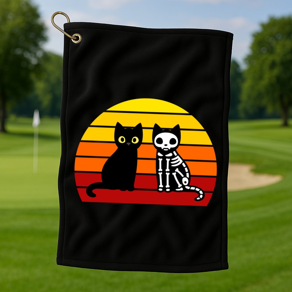 Black Cat Sunset Skeleton Golf Towel