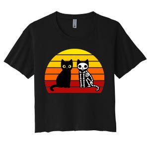 Black Cat Sunset Skeleton Women's Crop Top Tee