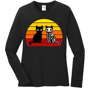 Black Cat Sunset Skeleton Ladies Long Sleeve Shirt