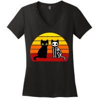 Black Cat Sunset Skeleton Women's V-Neck T-Shirt