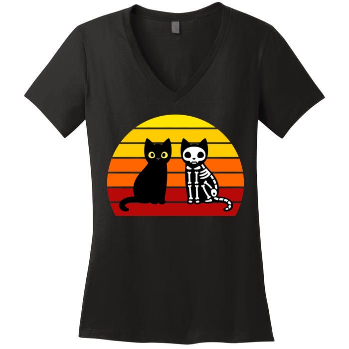 Black Cat Sunset Skeleton Women's V-Neck T-Shirt