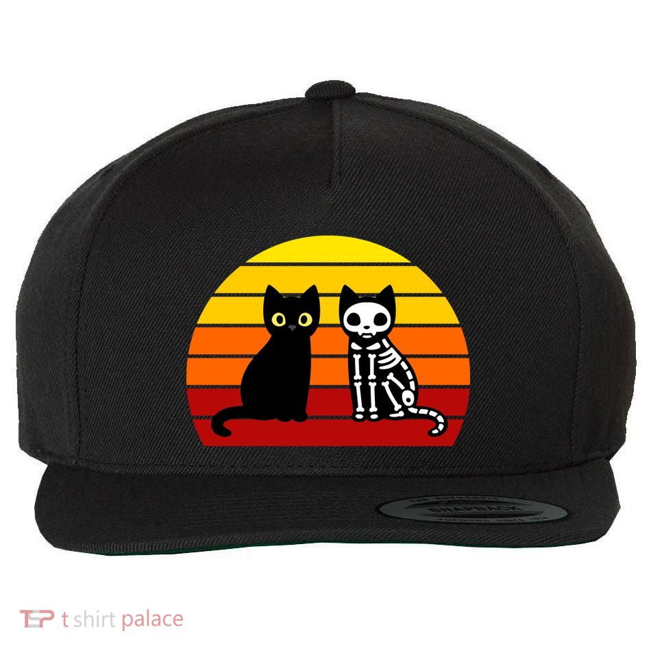 Black Cat Sunset Skeleton Wool Snapback Cap