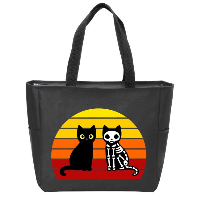 Black Cat Sunset Skeleton Zip Tote Bag
