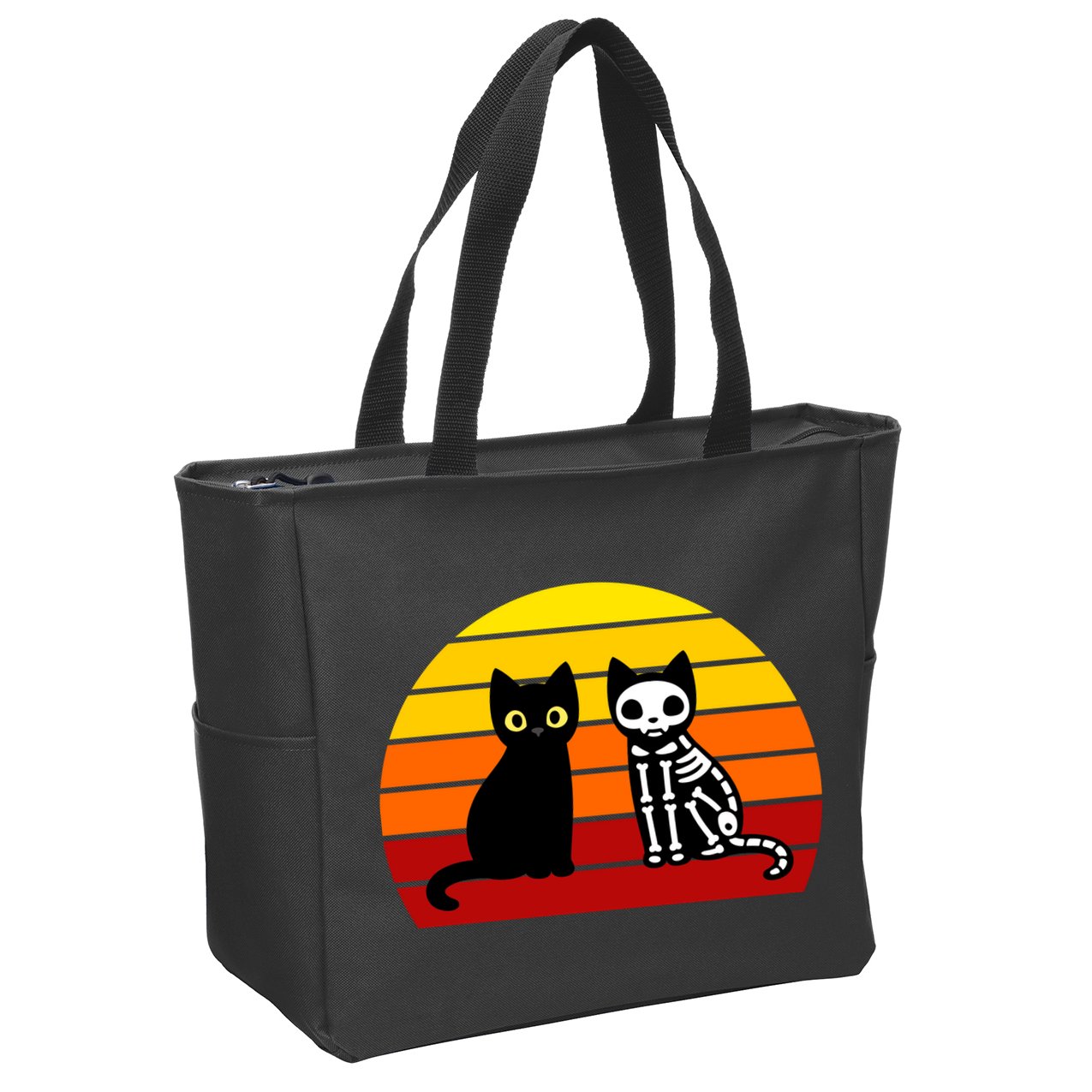 Black Cat Sunset Skeleton Zip Tote Bag