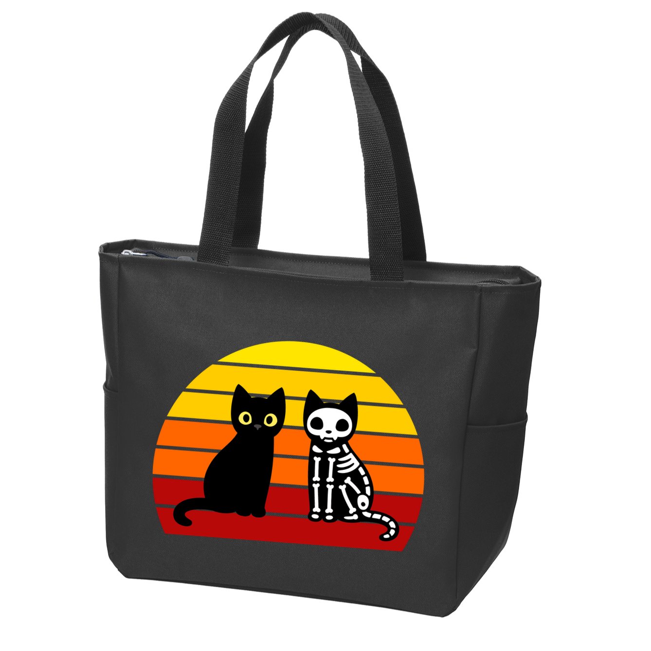 Black Cat Sunset Skeleton Zip Tote Bag