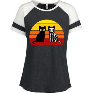 Black Cat Sunset Skeleton Enza Ladies Jersey Colorblock Tee