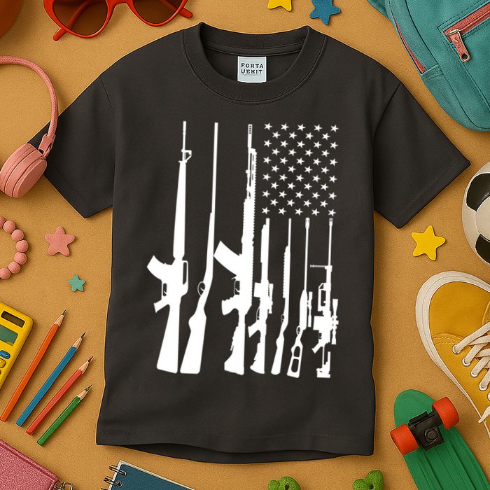 Black Gun American Flag - Rifle Weapon Firearm 2nd Amendment Kids T-Shirt