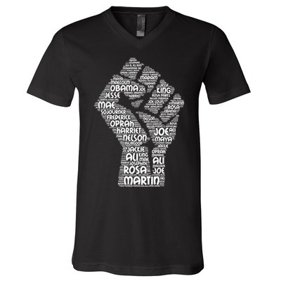 Black History Fist Of Names Tribute  V-Neck T-Shirt