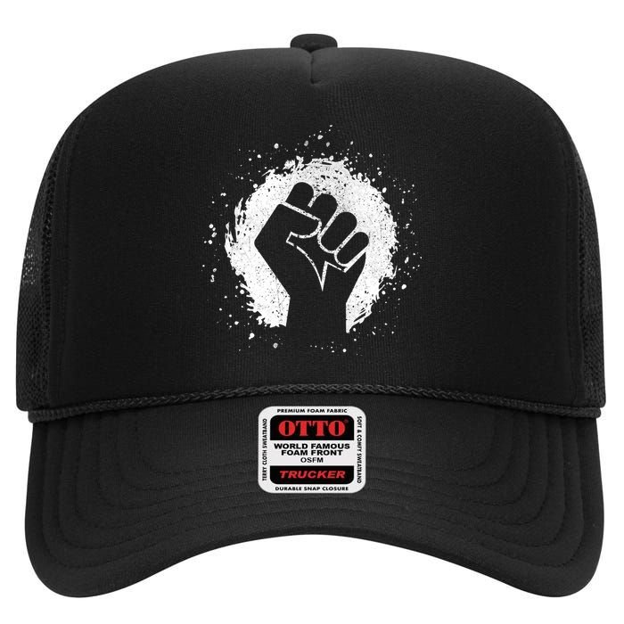 Black History Protest Fist Paint Splatter High Crown Mesh Back Trucker Hat