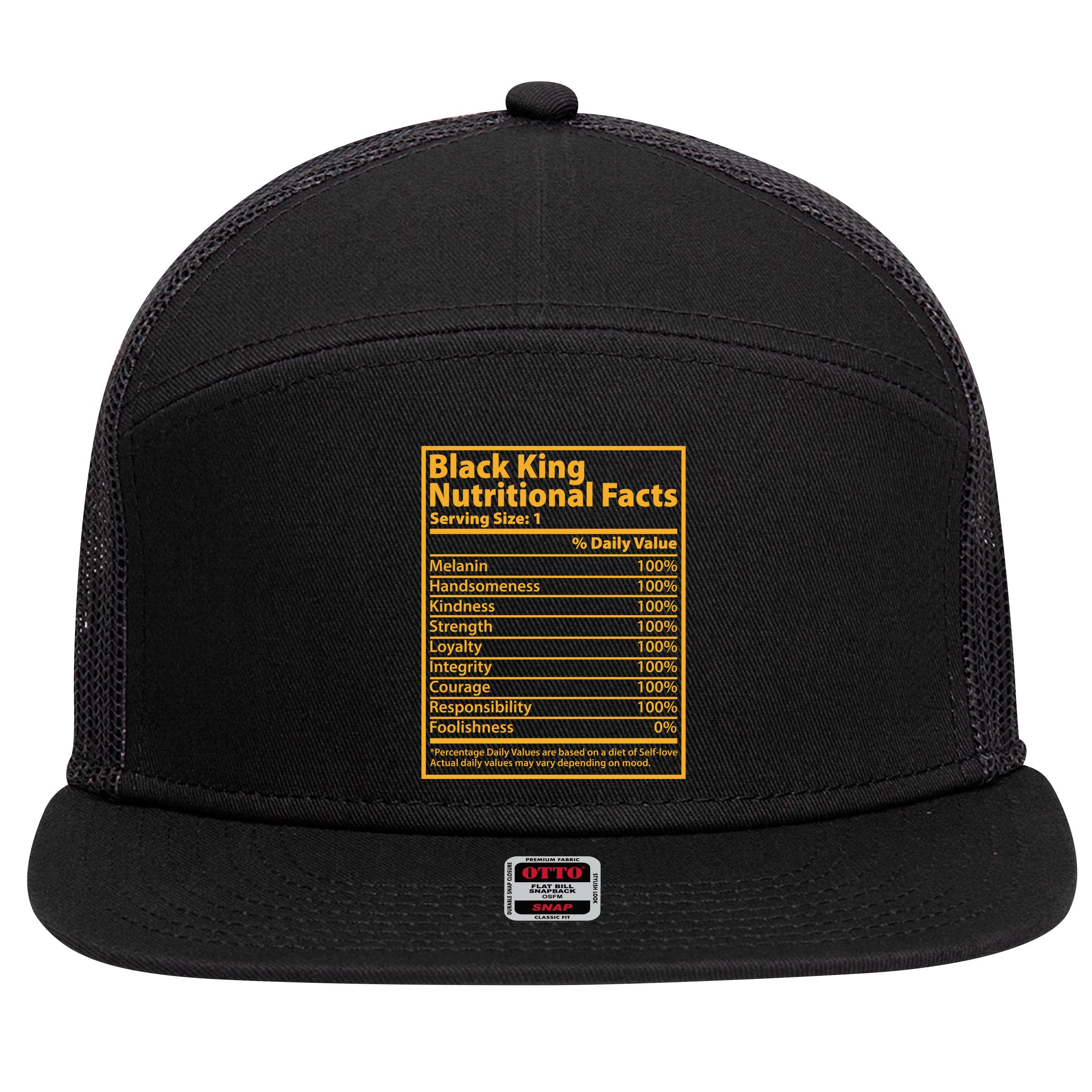Black King Nutritional Facts 7 Panel Mesh Trucker Snapback Hat