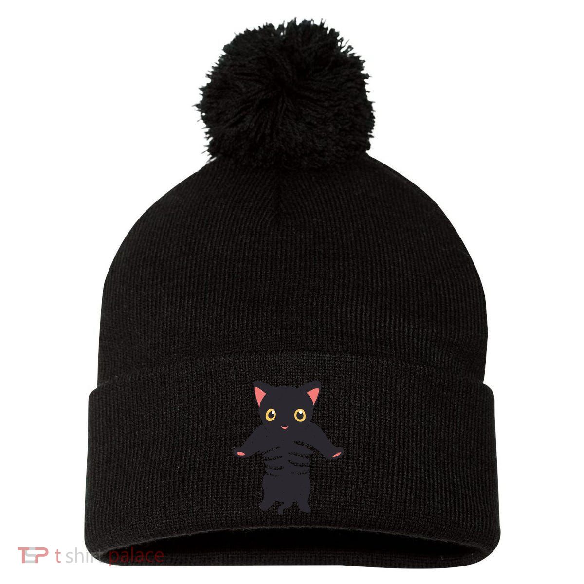 Black Kitty Being Held Pom Pom 12in Knit Beanie