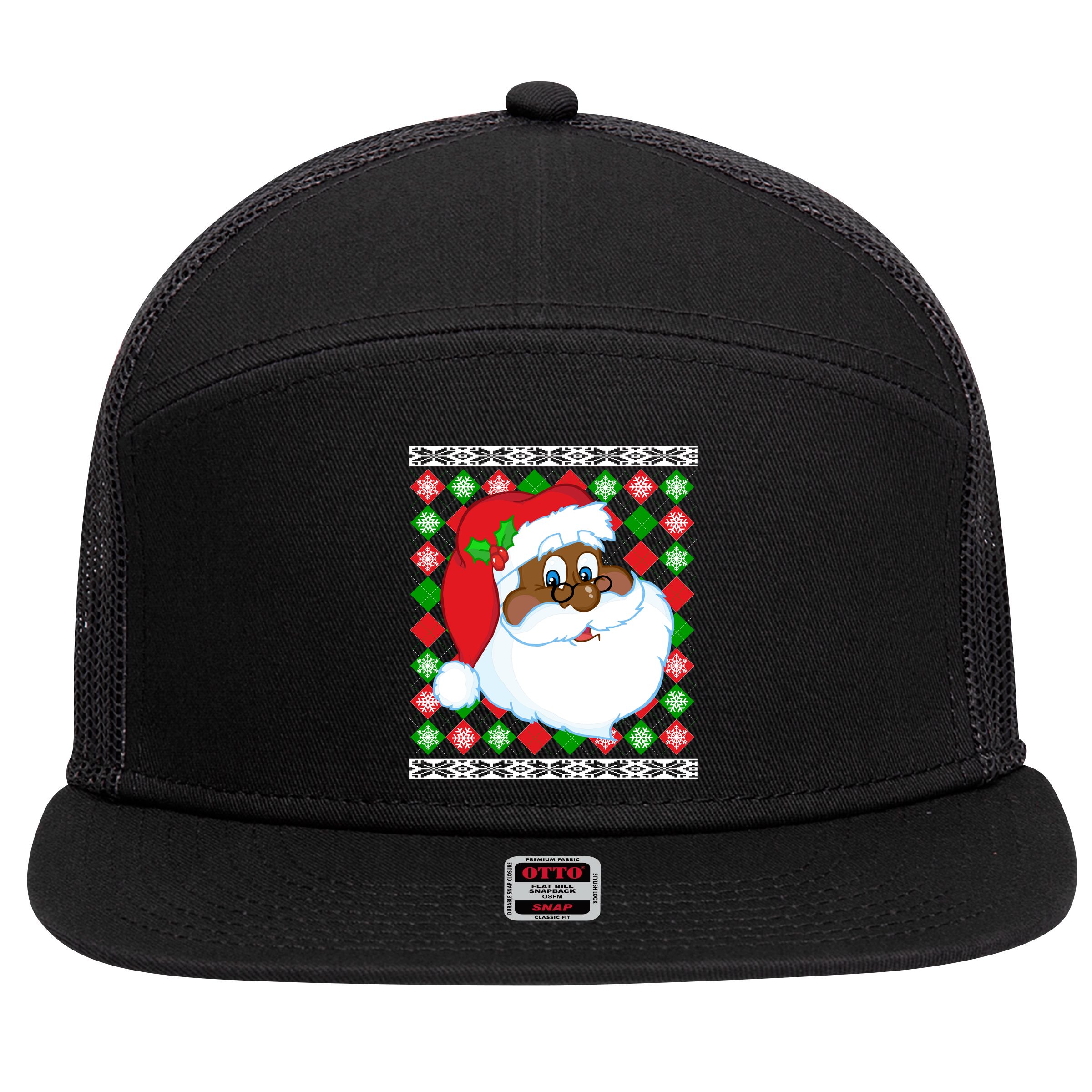 Black Santa Claus Ugly Christmas Sweater 7 Panel Mesh Trucker Snapback Hat
