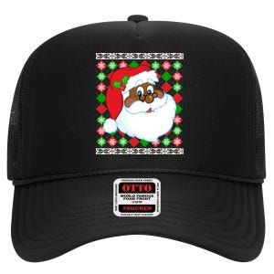 Black Santa Claus Ugly Christmas Sweater High Crown Mesh Back Trucker Hat