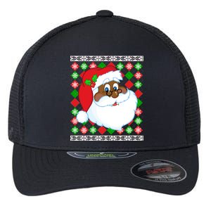 Black Santa Claus Ugly Christmas Sweater Flexfit Unipanel Trucker Cap