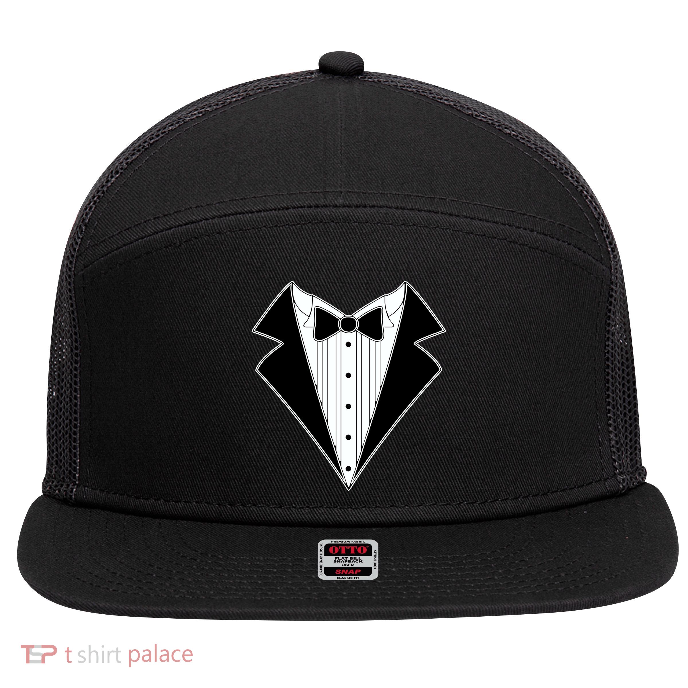 Black Tux Tuxedo 7 Panel Mesh Trucker Snapback Hat