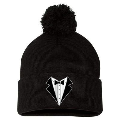 Black Tux Tuxedo Pom Pom 12in Knit Beanie