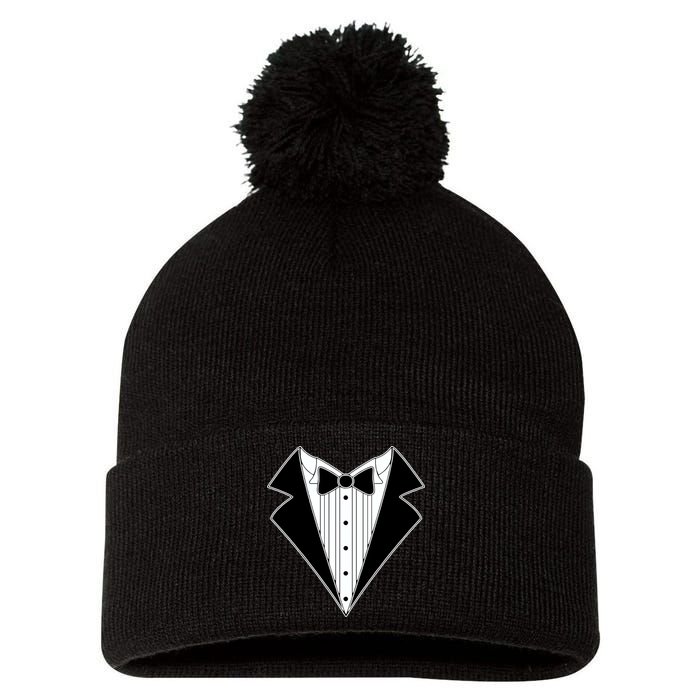 Black Tux Tuxedo Pom Pom 12in Knit Beanie