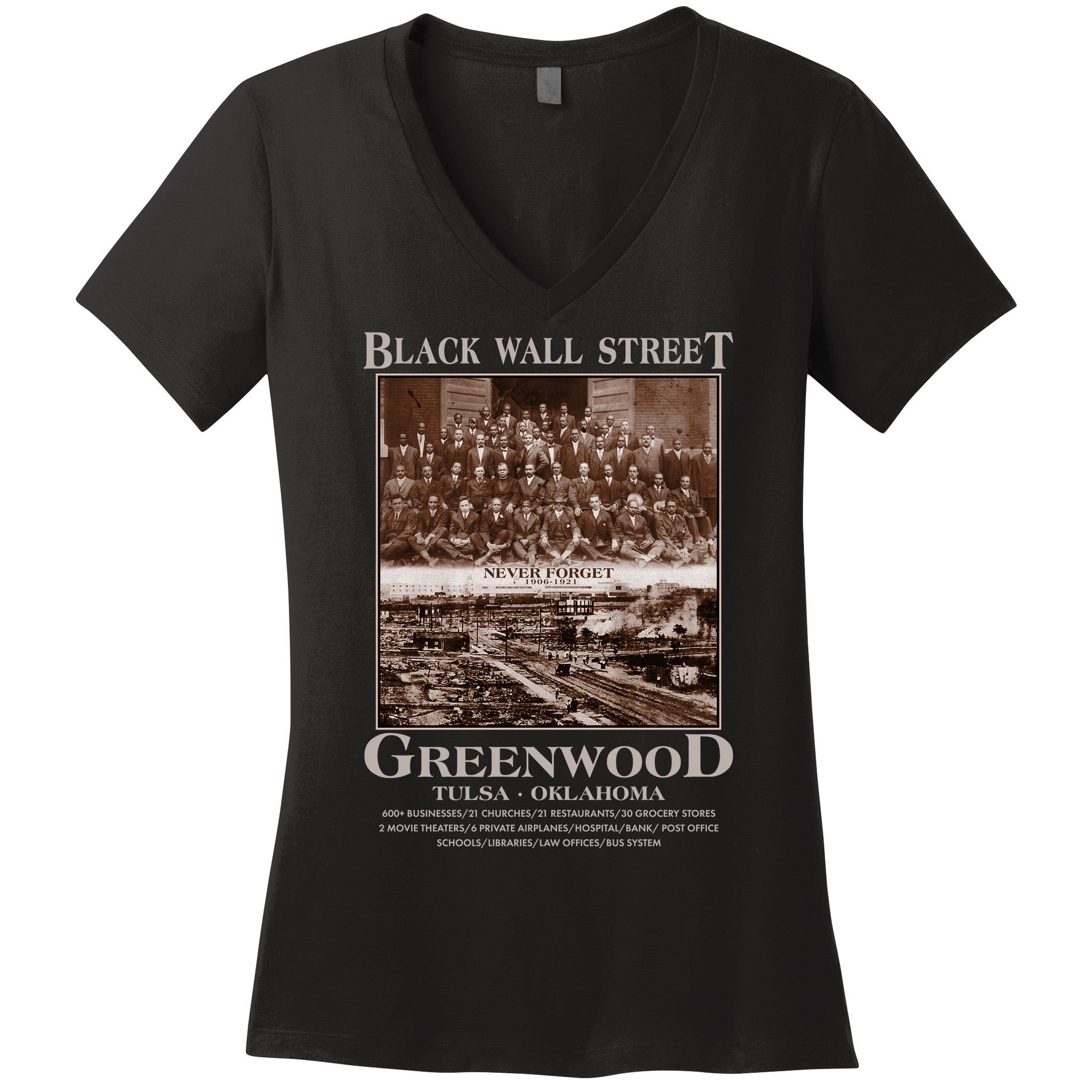 Black Wall Street Never Forget Greenwood Tulsa Oklahoma Women's V-Neck T-Shirt