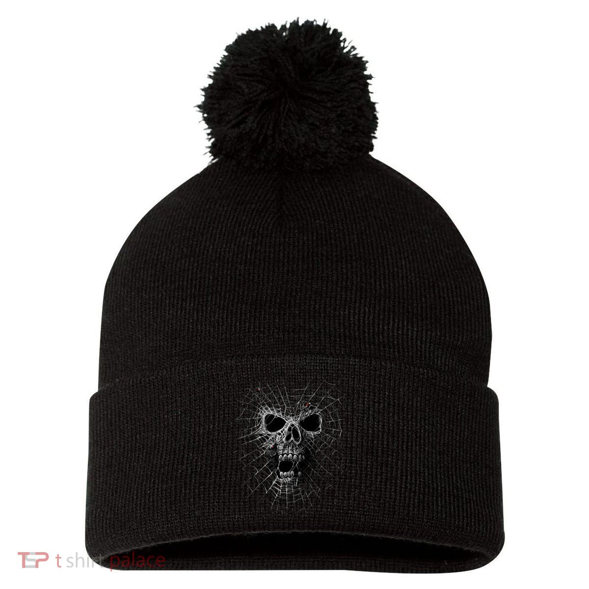 Black Widow Spider Web Skull Pom Pom 12in Knit Beanie