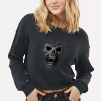 Black Widow Spider Web Skull Cropped Pullover Crew