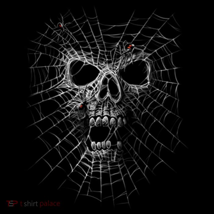 Black Widow Spider Web Skull Womens T-Shirt