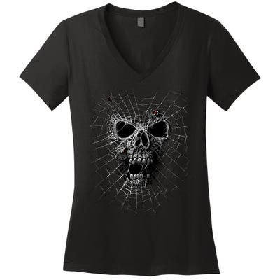 Black Widow Spider Web Skull Women's V-Neck T-Shirt