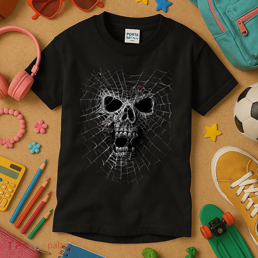 Black Widow Spider Web Skull Kids T-Shirt