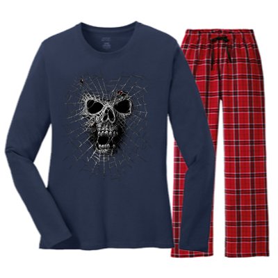 Black Widow Spider Web Skull Women's Long Sleeve Flannel Pajama Set 