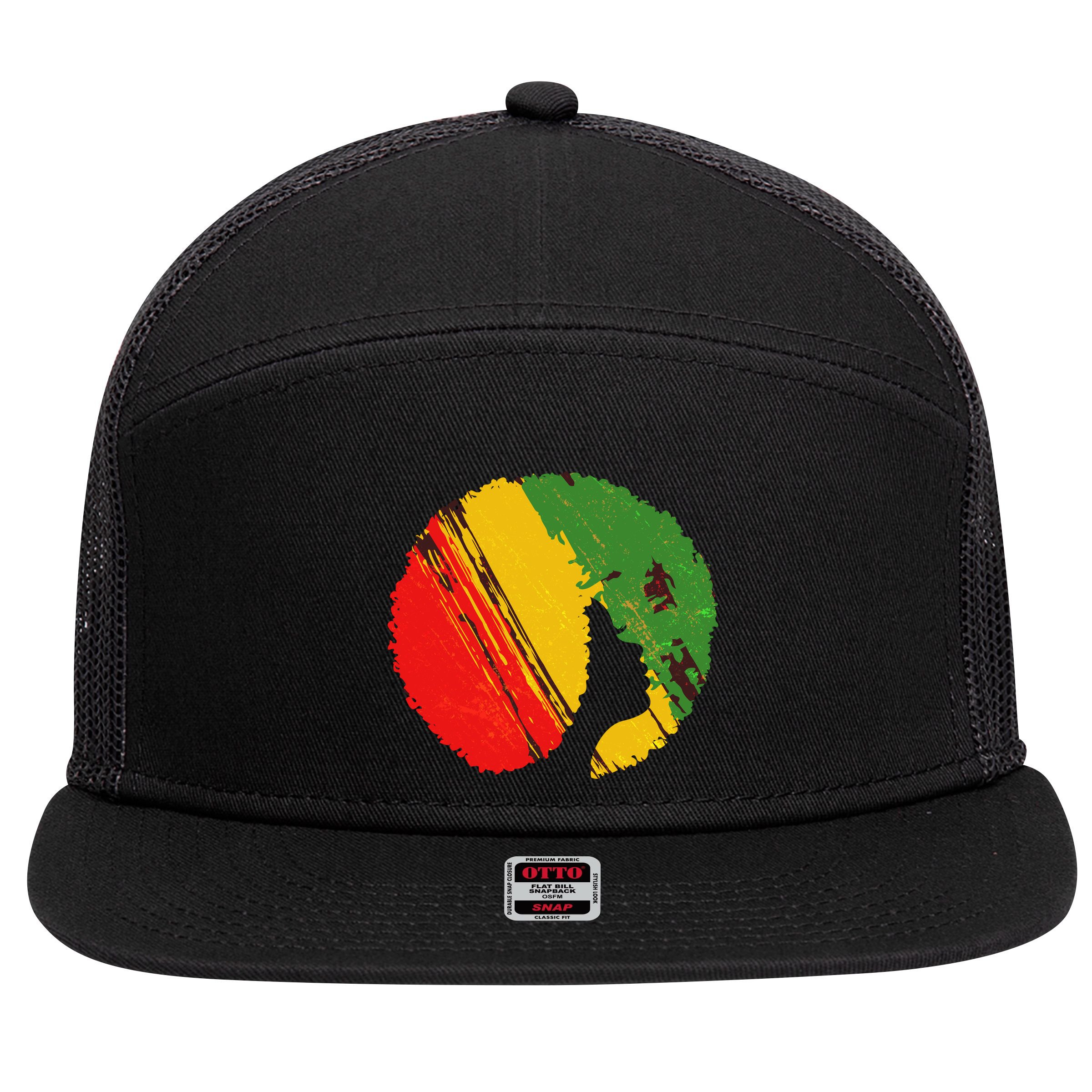 Black Woman with African Colors Afro Hairstyle 7 Panel Mesh Trucker Snapback Hat