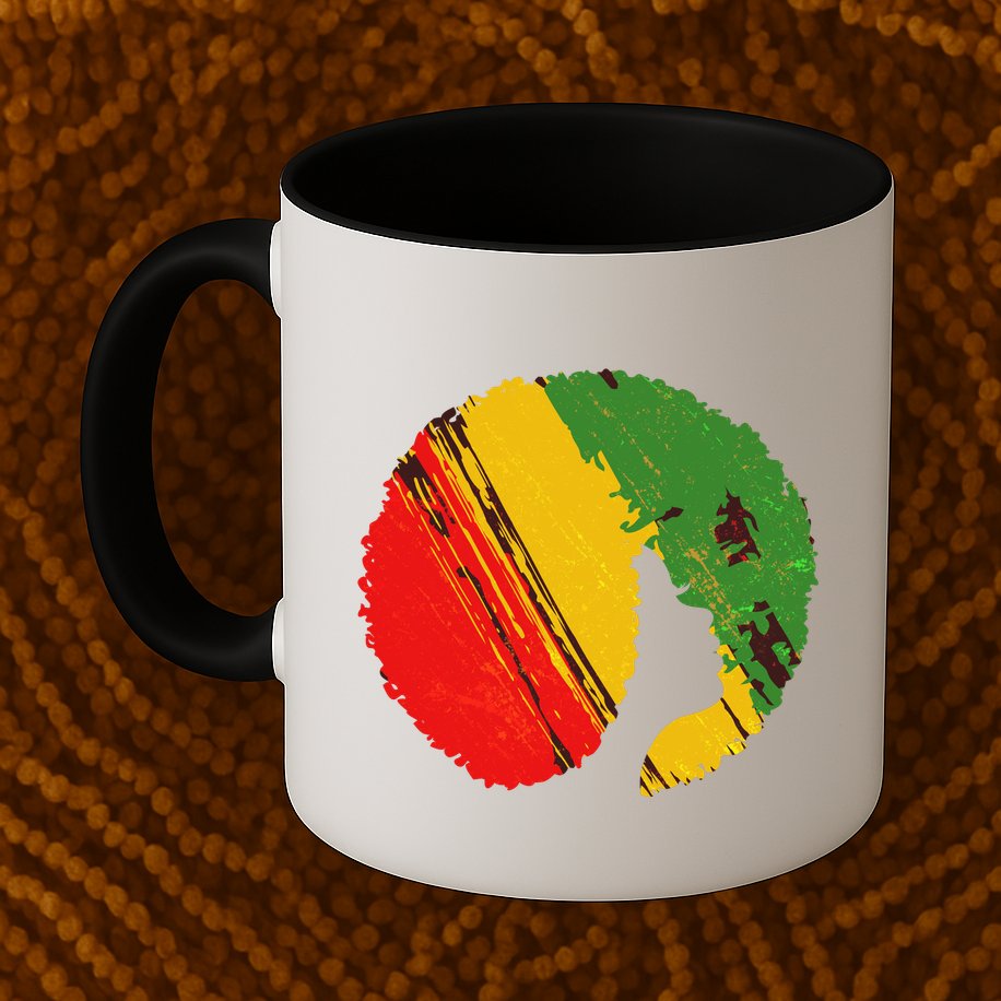 Black Woman with African Colors Afro Hairstyle Mug