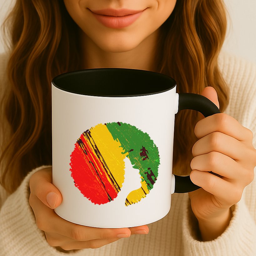 Black Woman with African Colors Afro Hairstyle Mug