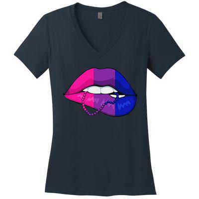 Bisexual Lip Biting Lgbtq Cool Subtle Bi Pride Flag Colors Women's V-Neck T-Shirt