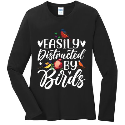 Bird Lovers Birdwatching Easy Distracted By Birds Birder Ladies Long Sleeve Shirt