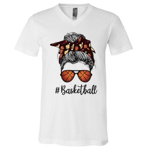 Bleached Life Basketball Mom Leopard Messy bun Glasses V-Neck T-Shirt