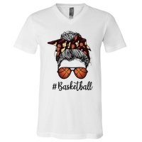 Bleached Life Basketball Mom Leopard Messy bun Glasses V-Neck T-Shirt