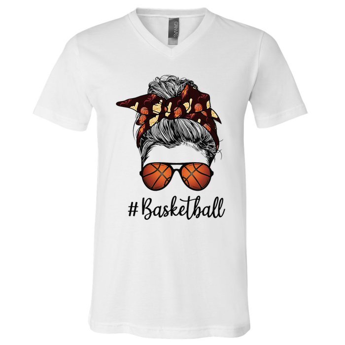 Bleached Life Basketball Mom Leopard Messy bun Glasses V-Neck T-Shirt