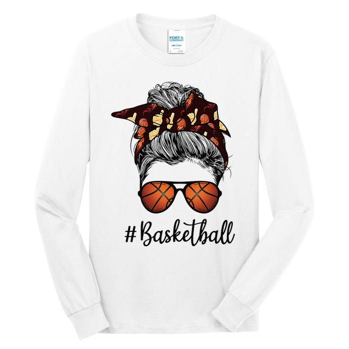 Bleached Life Basketball Mom Leopard Messy bun Glasses Tall Long Sleeve T-Shirt