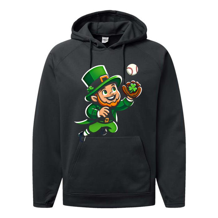 Baseball Leprechauns Catcher Saint PaddyS Shamrock Irish Cool Gift Performance Fleece Hoodie