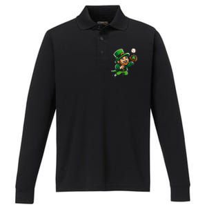 Baseball Leprechauns Catcher Saint PaddyS Shamrock Irish Cool Gift Performance Long Sleeve Polo