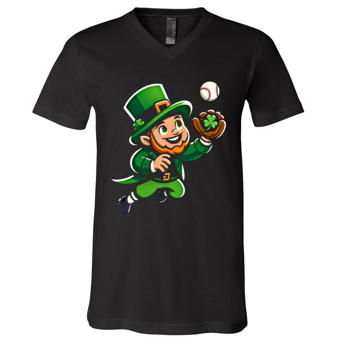 Baseball Leprechauns Catcher Saint PaddyS Shamrock Irish Cool Gift V-Neck T-Shirt