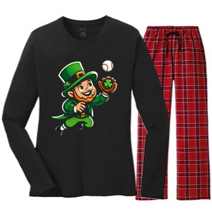 Baseball Leprechauns Catcher Saint PaddyS Shamrock Irish Cool Gift Women's Long Sleeve Flannel Pajama Set 