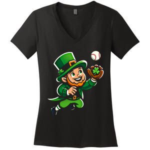 Baseball Leprechauns Catcher Saint PaddyS Shamrock Irish Cool Gift Women's V-Neck T-Shirt