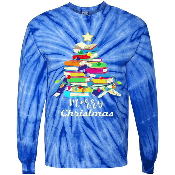 Book Lover Christmas Tree Library Book Xmas Tree Gift Tie-Dye Long Sleeve Shirt