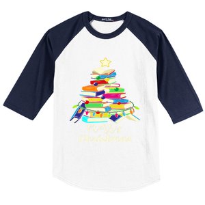 Book Lover Christmas Tree Library Book Xmas Tree Gift Baseball Sleeve Shirt