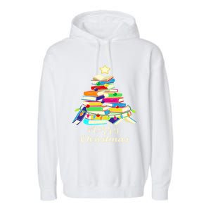 Book Lover Christmas Tree Library Book Xmas Tree Gift Garment-Dyed Fleece Hoodie