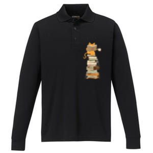 Book Lover Cat Reading Book Cats & Ladders For Education Day Performance Long Sleeve Polo