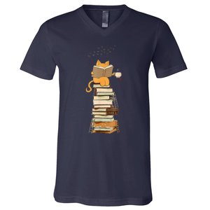 Book Lover Cat Reading Book Cats & Ladders For Education Day V-Neck T-Shirt