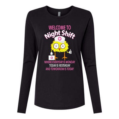 BSN LPN CNA Funny Nursing Chick Welcome To Night Shift Nurse Womens Cotton Relaxed Long Sleeve T-Shirt