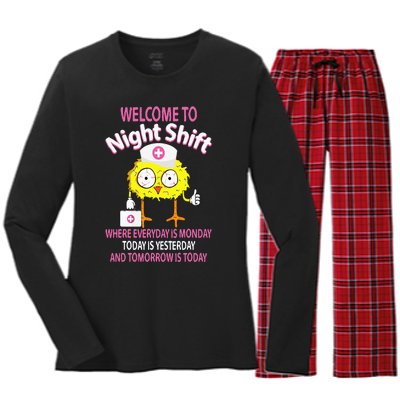 BSN LPN CNA Funny Nursing Chick Welcome To Night Shift Nurse Women's Long Sleeve Flannel Pajama Set 