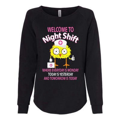 BSN LPN CNA Funny Nursing Chick Welcome To Night Shift Nurse Womens California Wash Sweatshirt